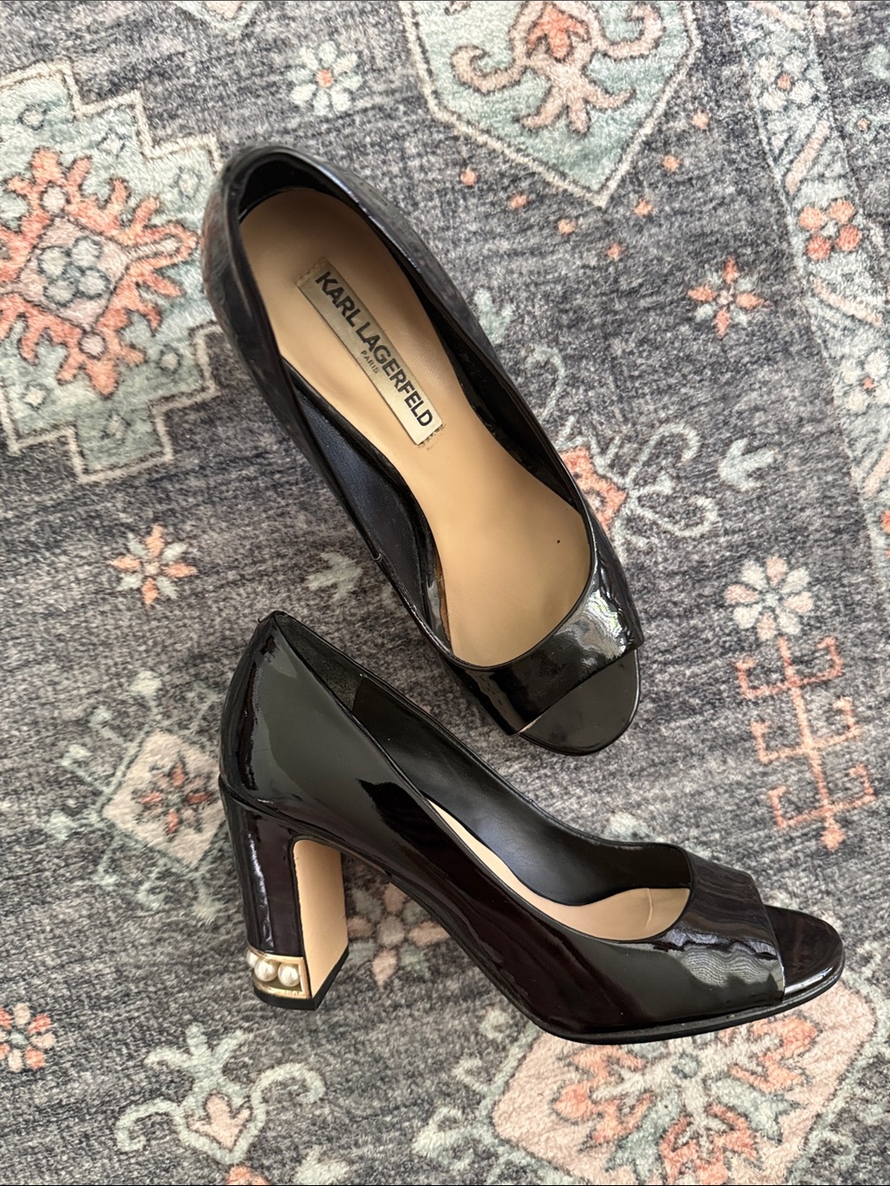 Karl Lagerfeld Black Patent Peep-Toe Block Heels with Pearl Accent